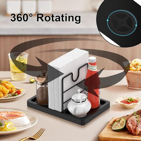 Lazy Susan Napkin Holder, 360° Rotating Napkin Holders Metal Dining Napkin Dispenser Fit Salt and Pepper Shakers Condiment Holder, Standing Paper Napkin Storage for Kitchen, Black in Kuwait