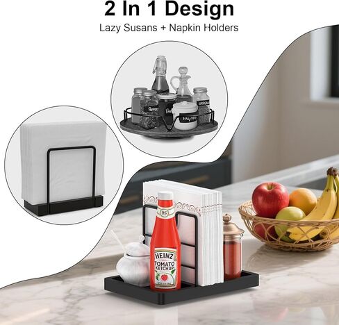Lazy Susan Napkin Holder, 360° Rotating Napkin Holders Metal Dining Napkin Dispenser Fit Salt and Pepper Shakers Condiment Holder, Standing Paper Napkin Storage for Kitchen, Black in Kuwait