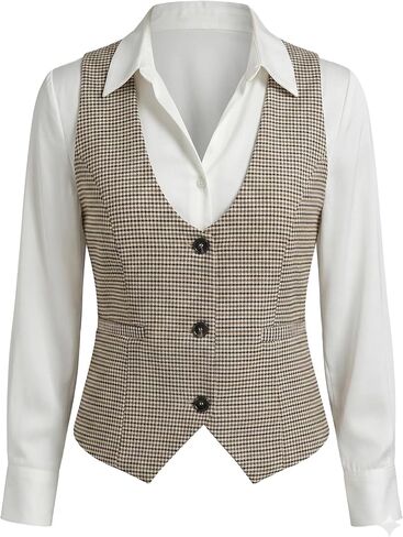ELLEVEN Women‘s U-Neck Plaid Vest - Slimming Fitted Sleeveless Top with Lining for Business Casual in Saudi Arabia