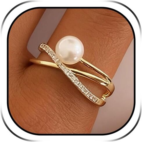 Pearl Ring for Women Cubic Zirconia Engagement Ring Gold Silver Rhinestone Statement Dainty Simple Finger Open Rings Dress Accessories Valentines Day Jewelry Gift for Her in Saudi Arabia