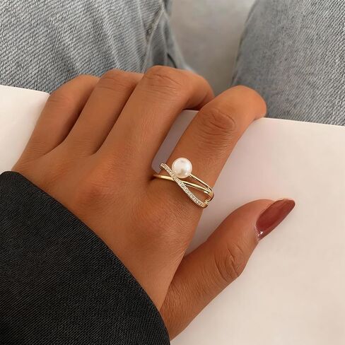 Pearl Ring for Women Cubic Zirconia Engagement Ring Gold Silver Rhinestone Statement Dainty Simple Finger Open Rings Dress Accessories Valentines Day Jewelry Gift for Her in Saudi Arabia