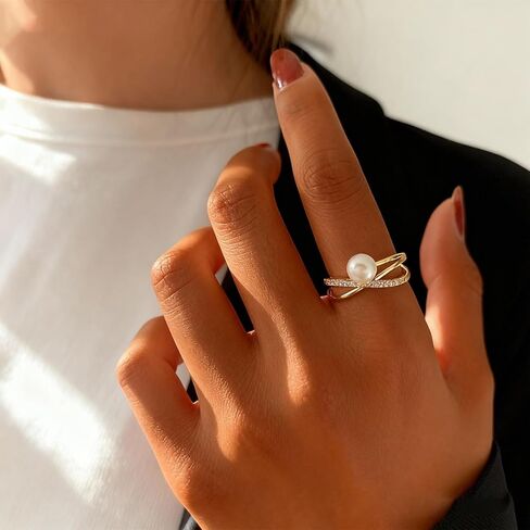Pearl Ring for Women Cubic Zirconia Engagement Ring Gold Silver Rhinestone Statement Dainty Simple Finger Open Rings Dress Accessories Valentines Day Jewelry Gift for Her in Saudi Arabia