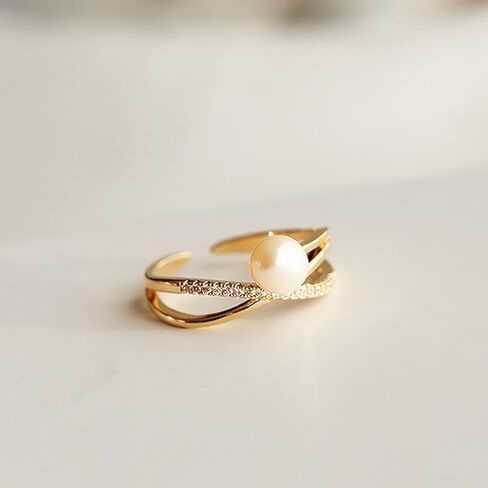Pearl Ring for Women Cubic Zirconia Engagement Ring Gold Silver Rhinestone Statement Dainty Simple Finger Open Rings Dress Accessories Valentines Day Jewelry Gift for Her in Saudi Arabia