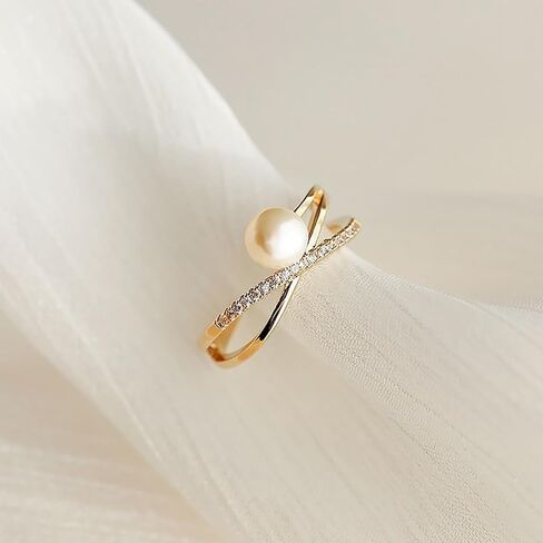 Pearl Ring for Women Cubic Zirconia Engagement Ring Gold Silver Rhinestone Statement Dainty Simple Finger Open Rings Dress Accessories Valentines Day Jewelry Gift for Her in Saudi Arabia