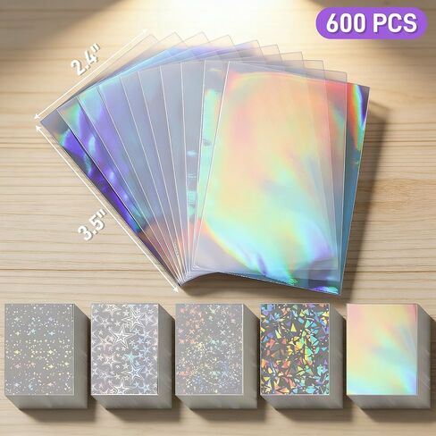 600 Pack Holographic Card Sleeves, Laser Flashing Trading Card Protector, 3.5" x 2.4" Kpop Photocard Holder, Mini Polaroid Protective Cover for Game Sports Cards Token in Kuwait