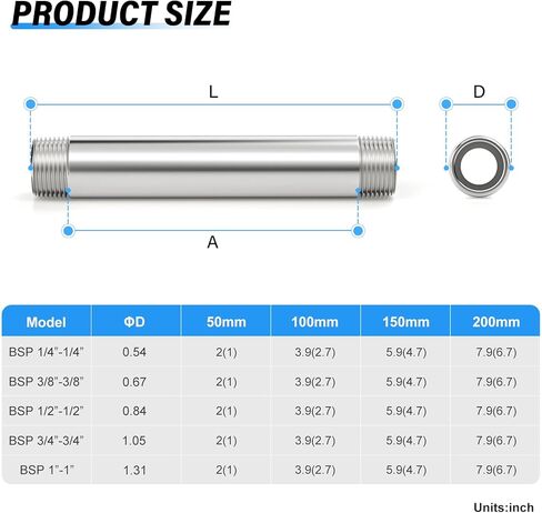 TAILONZ PNEUMATIC 1/4" BSP Male x 1/4" BSP Male 304 Stainless Steel Pipe Nipple, 8" Length Cast Pipe Fitting, Threaded Connector（Pack of 3） in Kuwait