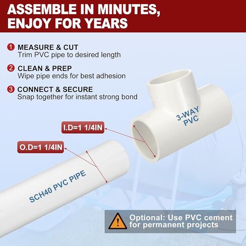 DTGN 5Pcs 1 1/4" Tee PVC Fitting, SCH40 3-Way Furniture Grade PVC Pipe Fitting, Corner Elbow Connector for Building Furniture, Greenhouse Frame Connection, DIY Create, Socket x Socket in Kuwait