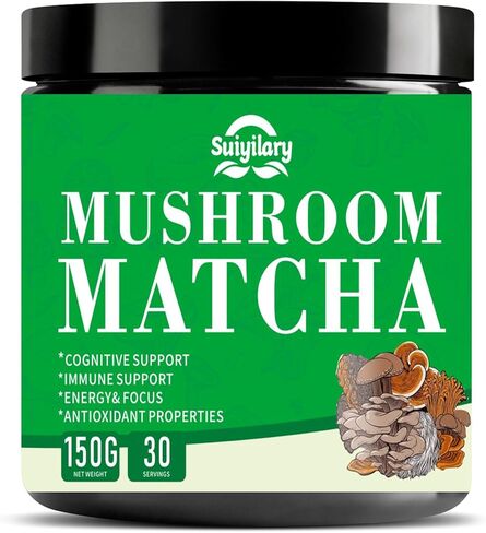 Suiyilary Mushroom Matcha, Ceremonial Matcha Tea Powder with 7 Superfood Mushrooms, Gluten Free, Taste Great Hot or Cold Matcha Latter - 150g 30 Serving in Kuwait