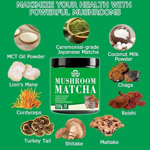 Suiyilary Mushroom Matcha, Ceremonial Matcha Tea Powder with 7 Superfood Mushrooms, Gluten Free, Taste Great Hot or Cold Matcha Latter - 150g 30 Serving in Kuwait