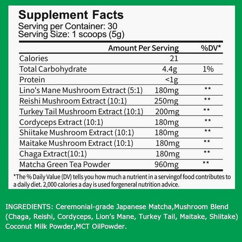 Suiyilary Mushroom Matcha, Ceremonial Matcha Tea Powder with 7 Superfood Mushrooms, Gluten Free, Taste Great Hot or Cold Matcha Latter - 150g 30 Serving in Kuwait