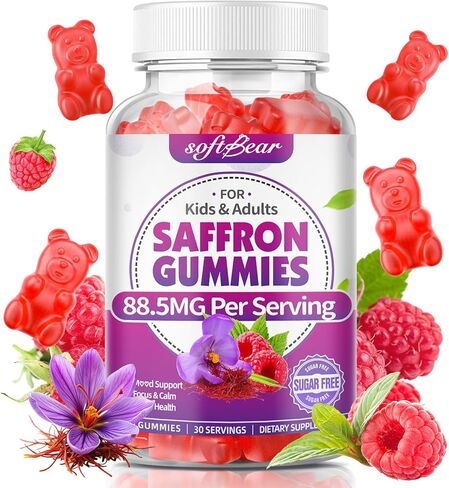 softbear Saffron Gummies for Kids & Adults, 10-in-1 Organic Saffron Supplements with 88.5mg Saffron Extract Support Calm Mind & Focus & Zzz, Sugar Free/Non-GMO, Raspberry Flavor 60 Count in Saudi Arabia