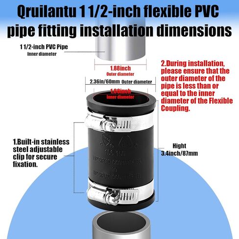 3 Pcs 1 1/2" Flexible Pvc Pipe Coupling with Stainless Steel Clamp, Flexible Fitting for Connecting Cast Iron, Plastic and Copper Pipes, for Sewer and Drain Connections(Black) in Kuwait