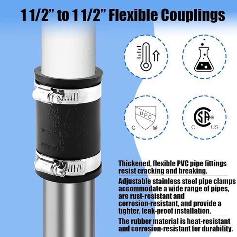 3 Pcs 1 1/2" Flexible Pvc Pipe Coupling with Stainless Steel Clamp, Flexible Fitting for Connecting Cast Iron, Plastic and Copper Pipes, for Sewer and Drain Connections(Black) in Kuwait