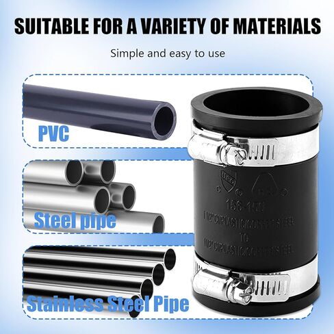 3 Pcs 1 1/2" Flexible Pvc Pipe Coupling with Stainless Steel Clamp, Flexible Fitting for Connecting Cast Iron, Plastic and Copper Pipes, for Sewer and Drain Connections(Black) in Kuwait
