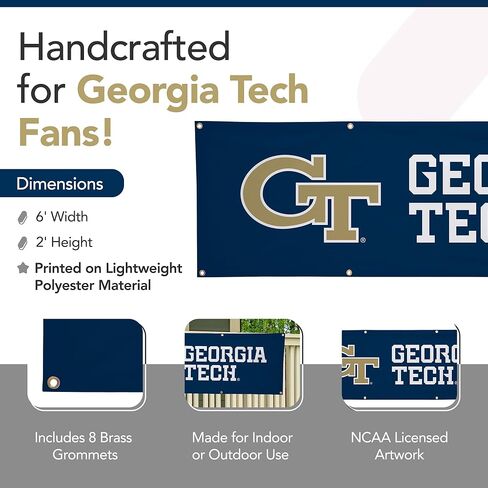 لافتة بوليستر مطبوعة بطباعة رياضية جامعية من Georgia Tech Yellow Jackets - مرخصة من الرابطة الوطنية لرياضة الجامعات (NCAA) - زينة التخرج المعلقة - لافتة مدرسية (أزرق داكن، ذهبي) (2 × 6 بوصات) in Kuwait