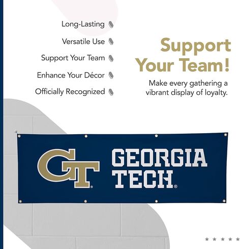 لافتة بوليستر مطبوعة بطباعة رياضية جامعية من Georgia Tech Yellow Jackets - مرخصة من الرابطة الوطنية لرياضة الجامعات (NCAA) - زينة التخرج المعلقة - لافتة مدرسية (أزرق داكن، ذهبي) (2 × 6 بوصات) in Kuwait