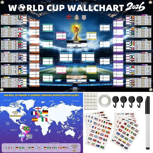 World Soccer Cup Schedule Poster Set 2026, 40"x 23.6" Extra Large Polyester Match Tracker, Waterproof Wrinkle-Resistant Reusable Anti-tear Wall Chart Sports Fans Gift with Knockout Bracket, Group Stage Tracker, Includes 48 Team Flag Stickers, Marker, Moun in Kuwait