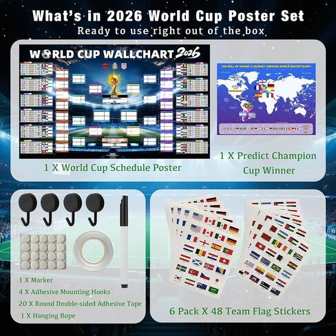 World Soccer Cup Schedule Poster Set 2026, 40"x 23.6" Extra Large Polyester Match Tracker, Waterproof Wrinkle-Resistant Reusable Anti-tear Wall Chart Sports Fans Gift with Knockout Bracket, Group Stage Tracker, Includes 48 Team Flag Stickers, Marker, Moun in Kuwait