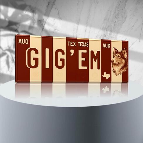 لافتة لوحة ترخيص Texas A&M Aggies Gig Em - لوحة فنية جدارية معدنية مقاس 16 × 6 بوصة من الألومنيوم - أبيض كستنائي - ديكور غرفة النوم في كهف مروحة SEC - مقاومة للأشعة فوق البنفسجية جاهزة للتعليق على جدار الكلية in Kuwait