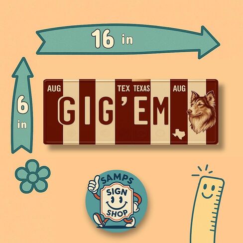 لافتة لوحة ترخيص Texas A&M Aggies Gig Em - لوحة فنية جدارية معدنية مقاس 16 × 6 بوصة من الألومنيوم - أبيض كستنائي - ديكور غرفة النوم في كهف مروحة SEC - مقاومة للأشعة فوق البنفسجية جاهزة للتعليق على جدار الكلية in Kuwait