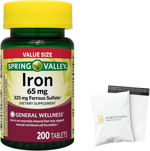 Spring Valley Iron Supplement 65mg, 325mg Ferrous Sulfate, Non-Constipating Iron Tablets for Women & Men, Good Energy & Red Blood Cell Formation, Value Size (200 Count) - Set by Basket Goods in Kuwait