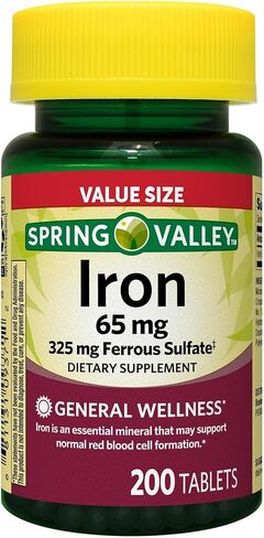 Spring Valley Iron Supplement 65mg, 325mg Ferrous Sulfate, Non-Constipating Iron Tablets for Women & Men, Good Energy & Red Blood Cell Formation, Value Size (200 Count) - Set by Basket Goods in Kuwait