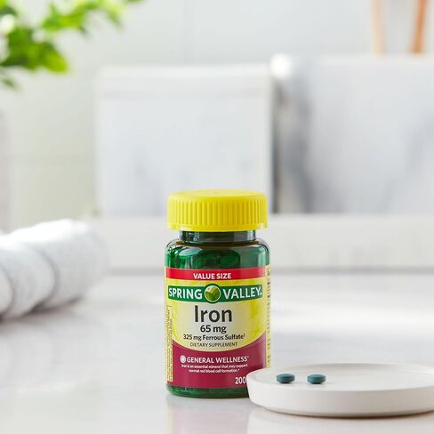 Spring Valley Iron Supplement 65mg, 325mg Ferrous Sulfate, Non-Constipating Iron Tablets for Women & Men, Good Energy & Red Blood Cell Formation, Value Size (200 Count) - Set by Basket Goods in Kuwait