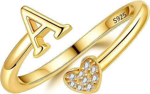 LOVECOM Dainty 14K Gold Plated Heart Initial Rings for Women Mother Daughter Non Tarnish 925 Sterling Silver Adjustable Open CZ Letter A-Z Ring Stackable Pinky Promise Ring Valentines Jewelry Gifts in Saudi Arabia