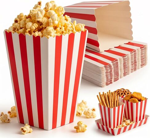 Veemoon 24 Pcs Popcorn Boxes Paper Bags Containers, Red Striped 4.7 Inch Food Grade Cardboard, Movie Night Carnival Party Supplies Dessert Table Decorations in Kuwait