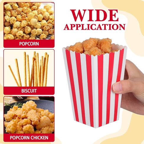 Veemoon 24 Pcs Popcorn Boxes Paper Bags Containers, Red Striped 4.7 Inch Food Grade Cardboard, Movie Night Carnival Party Supplies Dessert Table Decorations in Kuwait