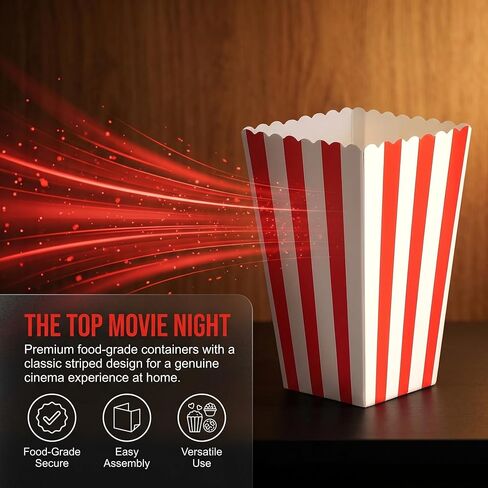 Veemoon 24 Pcs Popcorn Boxes Paper Bags Containers, Red Striped 4.7 Inch Food Grade Cardboard, Movie Night Carnival Party Supplies Dessert Table Decorations in Kuwait
