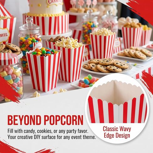 Veemoon 24 Pcs Popcorn Boxes Paper Bags Containers, Red Striped 4.7 Inch Food Grade Cardboard, Movie Night Carnival Party Supplies Dessert Table Decorations in Kuwait