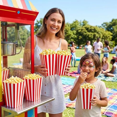 Veemoon 24 Pcs Popcorn Boxes Paper Bags Containers, Red Striped 4.7 Inch Food Grade Cardboard, Movie Night Carnival Party Supplies Dessert Table Decorations in Kuwait