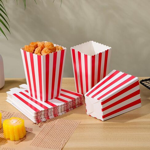 Veemoon 24 Pcs Popcorn Boxes Paper Bags Containers, Red Striped 4.7 Inch Food Grade Cardboard, Movie Night Carnival Party Supplies Dessert Table Decorations in Kuwait