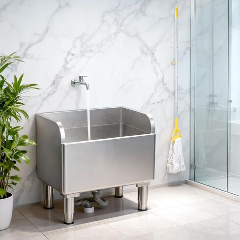 23.6'' Stainless Steel Floor Mop Sink with Assemble Mops with Extended Elevated Rack, Floor Mop Sink Commercial for Laundry Room, Kitchen, Restaurant, Garage, Overflow-Proof Reservoir in Kuwait