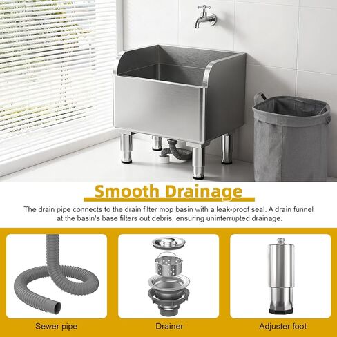 23.6'' Stainless Steel Floor Mop Sink with Assemble Mops with Extended Elevated Rack, Floor Mop Sink Commercial for Laundry Room, Kitchen, Restaurant, Garage, Overflow-Proof Reservoir in Kuwait