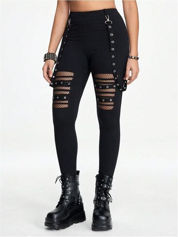 SweatyRocks Women's Gothic Punk Leggings Fishnet High Waisted Rock Skinny Pants Streetwear in Kuwait