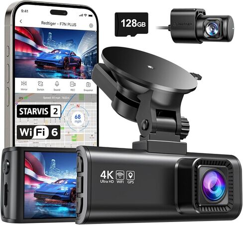 REDTIGER 4K Dash Cam Front Rear, STARVIS 2 Sensor, Free Card Included, 5.8GHz WiFi-20MB/s Fast Download, Dash Camera for Cars with GPS, WDR Night Vision, 170°Wide Angle, 24H Parking Mode(F7NP) in Kuwait
