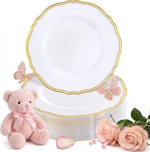 Hioasis 60pcs Gold Plastic Plates - White and Gold Disposable Dinnerware with Gold Rim, Heavy-duty, 10 inch, Dinner Plates for Party & Wedding & Mothers Day in Saudi Arabia