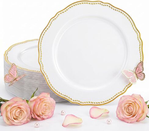 Hioasis 60pcs Gold Plastic Plates - White and Gold Disposable Dinnerware with Gold Rim, Heavy-duty, 10 inch, Dinner Plates for Party & Wedding & Mothers Day in Saudi Arabia