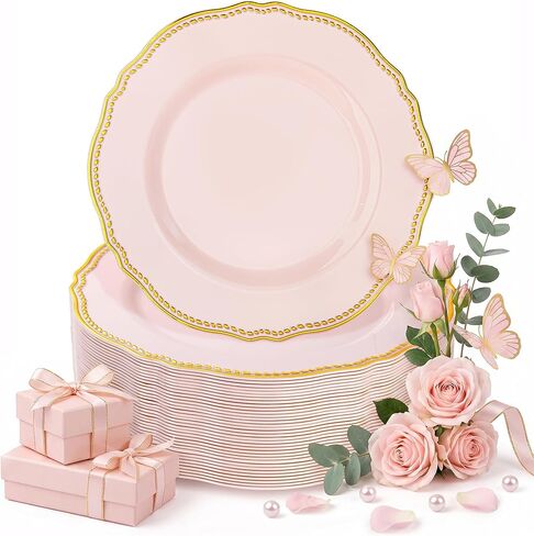 Hioasis 60pcs Gold Plastic Plates - White and Gold Disposable Dinnerware with Gold Rim, Heavy-duty, 10 inch, Dinner Plates for Party & Wedding & Mothers Day in Saudi Arabia