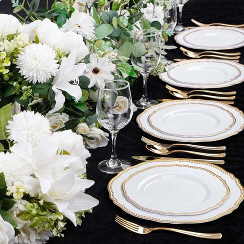 Hioasis 60pcs Gold Plastic Plates - White and Gold Disposable Dinnerware with Gold Rim, Heavy-duty, 10 inch, Dinner Plates for Party & Wedding & Mothers Day in Saudi Arabia
