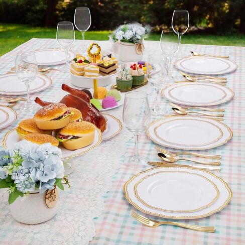 Hioasis 60pcs Gold Plastic Plates - White and Gold Disposable Dinnerware with Gold Rim, Heavy-duty, 10 inch, Dinner Plates for Party & Wedding & Mothers Day in Saudi Arabia