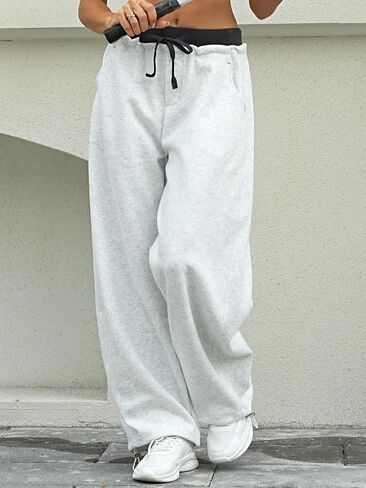 Womens Baggy Wide Leg Sweatpants Y2k Loose Drawstring Double Waisted Adjustable Cuff Sweat Pants with Pockets in Saudi Arabia