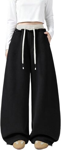 Womens Baggy Wide Leg Sweatpants Y2k Loose Drawstring Double Waisted Adjustable Cuff Sweat Pants with Pockets in Kuwait
