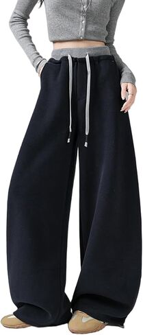 Womens Baggy Wide Leg Sweatpants Y2k Loose Drawstring Double Waisted Adjustable Cuff Sweat Pants with Pockets in Saudi Arabia