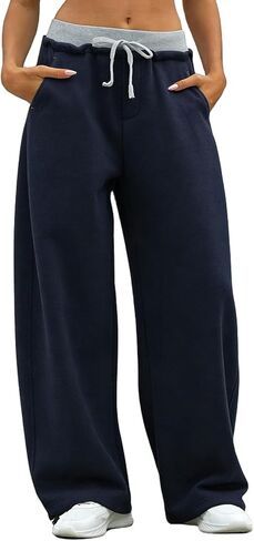 Womens Baggy Wide Leg Sweatpants Y2k Loose Drawstring Double Waisted Adjustable Cuff Sweat Pants with Pockets in Saudi Arabia