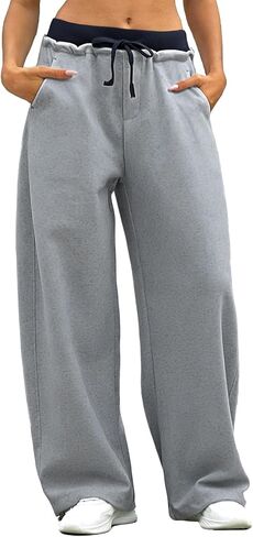 Womens Baggy Wide Leg Sweatpants Y2k Loose Drawstring Double Waisted Adjustable Cuff Sweat Pants with Pockets in Saudi Arabia