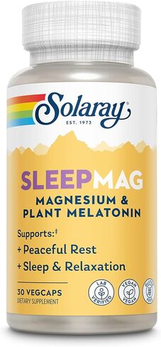 Solaray SleepMag - جليسينات المغنيسيوم والميلاتونين 1 مجم مساعد النوم - الاسترخاء ودعم النوم المريح - الميلاتونين النباتي وبيسجليسينات المغنيسيوم، نباتي، خالي من الغلوتين - 30 حصة، 30 كبسولة نباتية in Kuwait