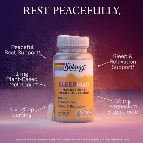 Solaray SleepMag - جليسينات المغنيسيوم والميلاتونين 1 مجم مساعد النوم - الاسترخاء ودعم النوم المريح - الميلاتونين النباتي وبيسجليسينات المغنيسيوم، نباتي، خالي من الغلوتين - 30 حصة، 30 كبسولة نباتية in Kuwait